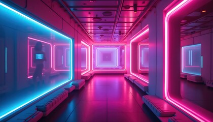 3D Geometric Wall with Electric Blue and Purple Lighting