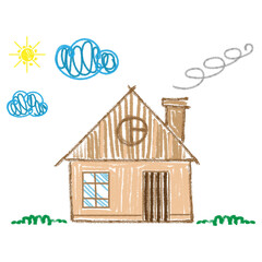 Children's Crayon drawing of house with chimney tree sun and clouds for children books educational materials posters greeting cards school projects and creative design use. Vector illustration