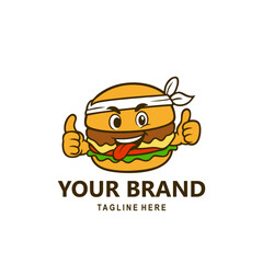 A cute cartoon burger mascot character with a headband, a smiling face, a sticking out tongue, and two thumbs up. This cute fast food illustration is perfect for logos, stickers, restaurant branding, 
