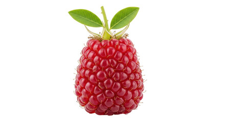 Isolated red raspberry fruit with leaves, fresh and juicy summer harvest from the farm