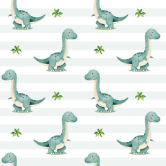 Seamless pattern with cute dinosaur. Watercolor baby brontosaurus background.