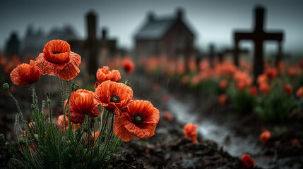 Red poppies blooming among graves and crosses in solemn Armistice Day remembrance cemetery tribute