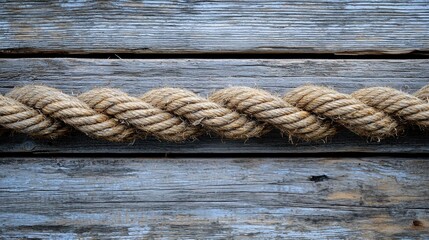 Obraz premium Twisted rope rests atop weathered, gray planks. Natural fiber texture detail