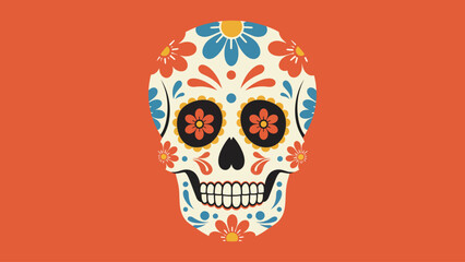 Flat vector sugar skull with flowers,minimal Mexican cultural style.