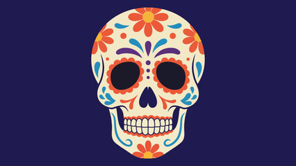 Flat vector sugar skull with flowers,minimal Mexican cultural style.