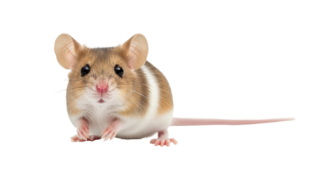 Isolated, cute deer mouse or field mouse with big ears, pink nose, and long tail on a seamless background
