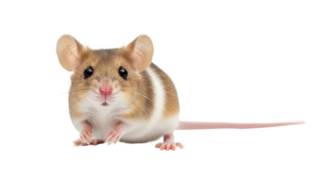 Isolated, cute deer mouse or field mouse with big ears, pink nose, and long tail on a seamless background