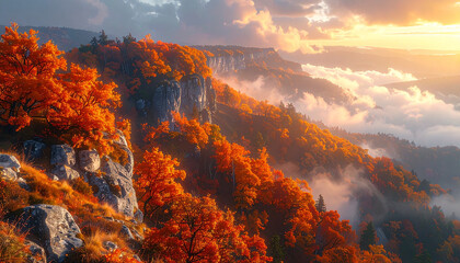 Naklejka premium Towering hills blanketed in vibrant orange autumn trees are enveloped by rolling fog. This panoramic landscape captures the breathtaking, misty glow of sunset.