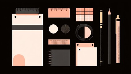 Flat lay of stationery items in blush and black.  A clipboard, rulers, notepad, pens, pencils, and other accessories are arranged on a black background.  Geometric shapes and a minimalist aesthetic