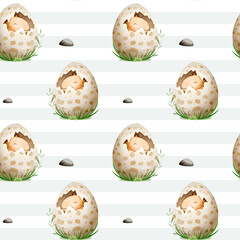 Seamless pattern with dinosaur eggs. Watercolor lovely dinosaurs inside shells. Dinosaur background.