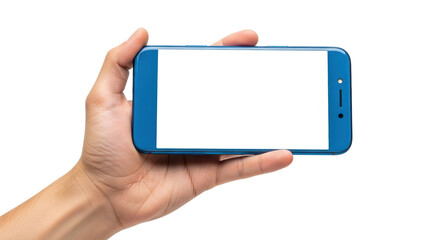 Isolated hand holding new phone, blue smartphone with a white screen for design and mockup