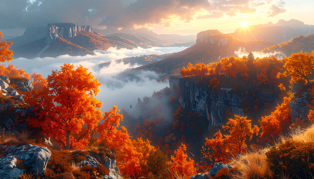 Towering cliffs and vibrant orange autumn trees glow in the sunset, as mist fills the valley below. This dramatic, panoramic landscape is truly breathtaking.