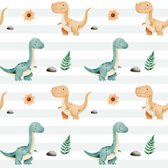 Seamless pattern with cute dinosaurs. Watercolor baby background. Tyrannosaurus and brontosaurus