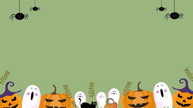 Halloween ghosts pumpkins spiders border on green spooky background