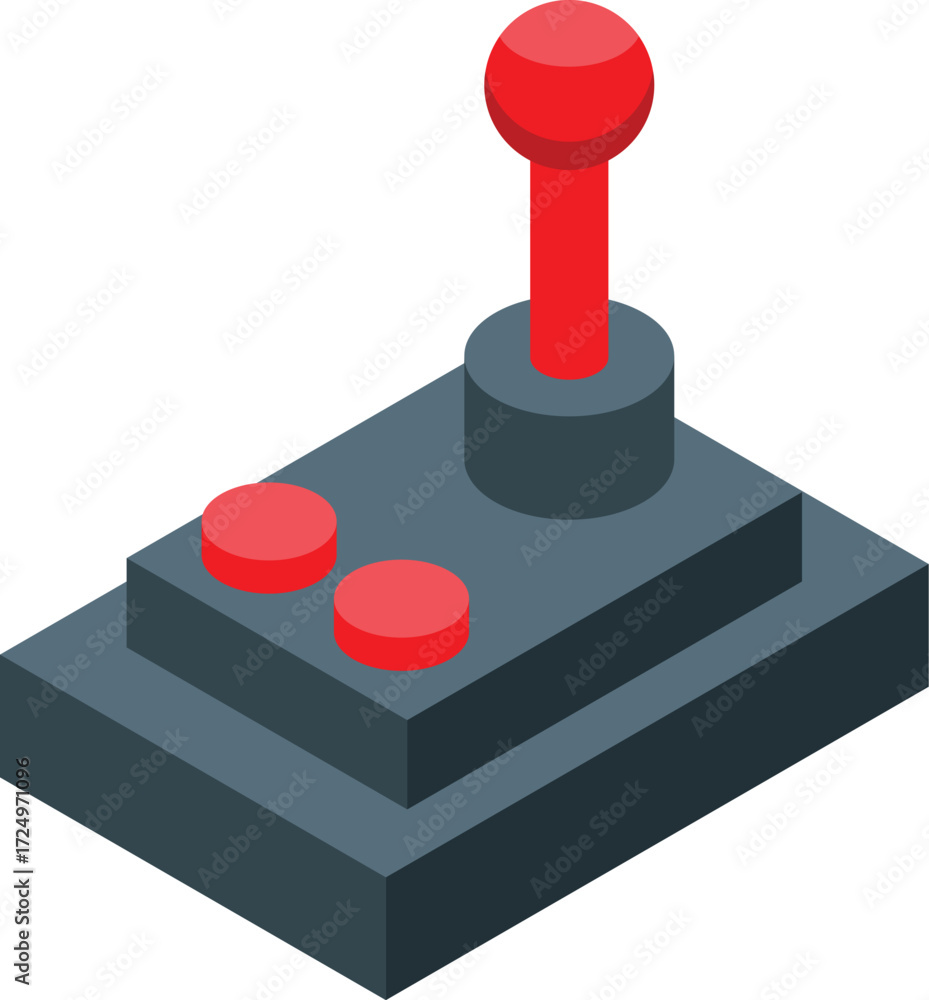 Poster isometric view of a retro joystick featuring a prominent red lever and buttons, evoking nostalgia fo