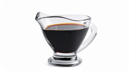 Transparent glass gravy boat filled with dark soy sauce, featuring curved spout and handle, placed on white background, emphasizing contrast, culinary elegance, and condiment presentation.