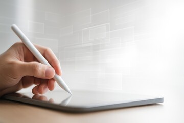 Writing with stylus on tablet with floating digital interface rectangles in soft white tones
