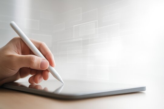 Writing with stylus on tablet with floating digital interface rectangles in soft white tones
 - Powered by Adobe