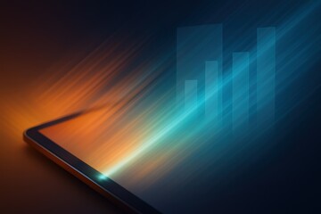 Tablet glowing in orange and blue light with rising bar chart interface and growth analytics concept
