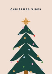 Christmas tree, greeting card design. Xmas poster with festive fir decorated with balls, baubles, ornaments. Winter holiday spruce, firtree with star topping toy, decoration. Flat vector illustration