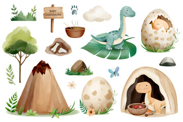 Watercolor cute dinosaurs in life. Lovely baby dinos with daily items, plants, eggs, food and nature for children designs.