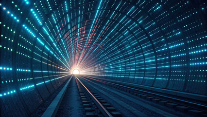 Obraz premium Futuristic tunnel with glowing blue and red lights creating sci fi atmosphere. perspective leads to bright light at end, evoking sense of speed