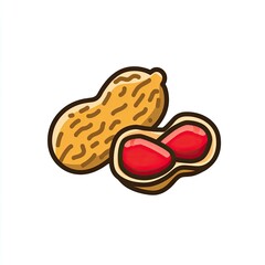 Cartoon illustration of a peanut in its shell, split open to reveal two red kernels inside