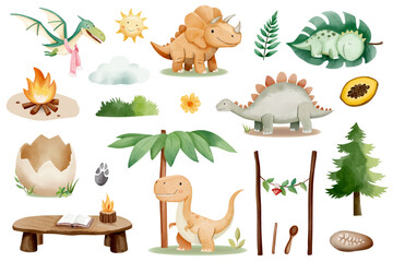 Watercolor set with prehistoric animals. Cute baby dinosaurs in everyday life. Eggs, leaves, food and funny life details