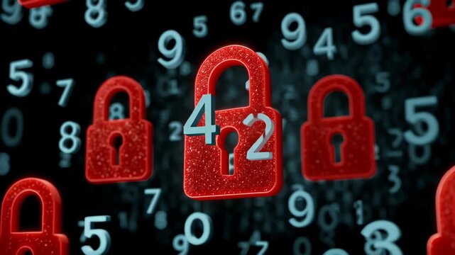 Red padlocks floating amidst a backdrop of glowing numbers, illustrating the concept of digital security and encryption, showcasing the dynamic interplay of technology and protection in a visually eng