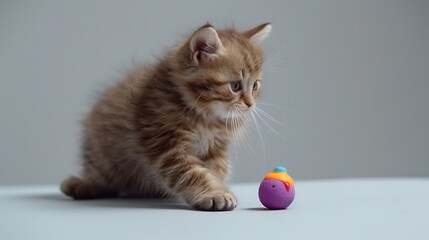 Playful Fluffy Kitten Pawing at Colorful Toy