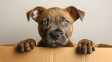 Playful Puppy Popping Out of Cardboard Box