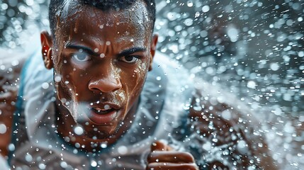 Professional Athlete Sprinting on Rain-Soaked Track