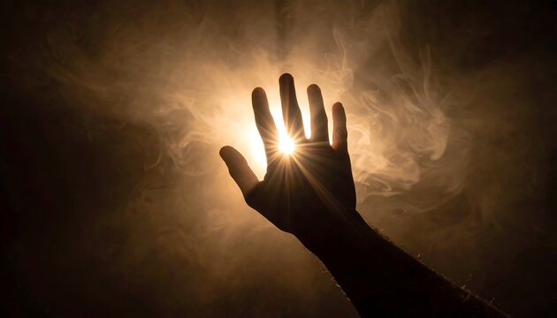 Silhouetted hand reaching toward light