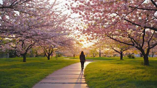 Lone person strolling through a park at sunset with paths of flowering cherry blossoms overhead.