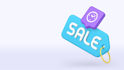 3d icon featuring a bright blue tag with bold white SALE text and a clock symbolizing limited-time promotions, advertising campaigns, shopping discounts. 3d icon copy space banner vector illustration
