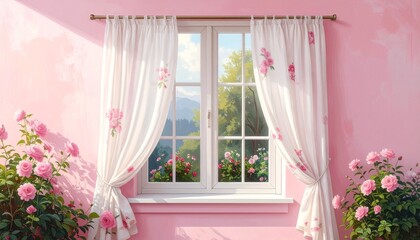 A white-paned window framed by floral curtains opens onto distant mountains—pink walls glow softly, a vase of pink and white flowers rests on the sill. A metaphor for longing and the choreography of s
