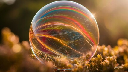 Colorful soap bubble with intricate patterns and vibrant hues in nature.