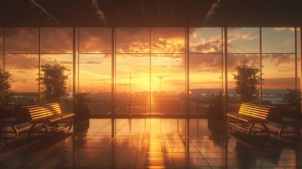 Serene Sunrise at a Modern Airport Terminal Waiting Area