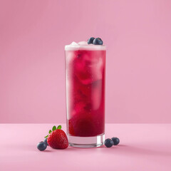 Fresh Berry Cocktail With Strawberry And Blueberry Garnish On Pink Background. Summer Drink, Refreshing Beverage, Fruit Juice, Colorful Mocktail