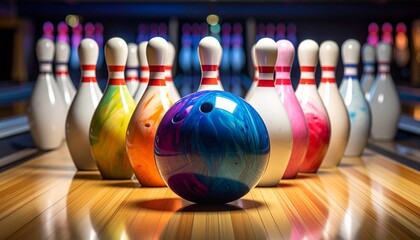 A marbled bowling ball—green, yellow, red—poised on a polished wooden lane before ten white pins with red stripes. A metaphor for anticipation and the choreography of impact through focused tension an