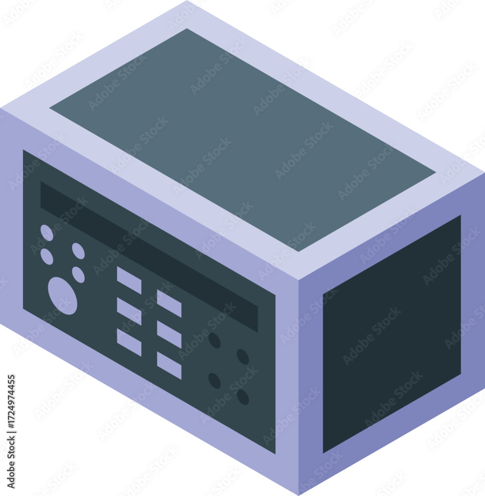 Poster modern radio playing music, with buttons and display showing information, in isometric view