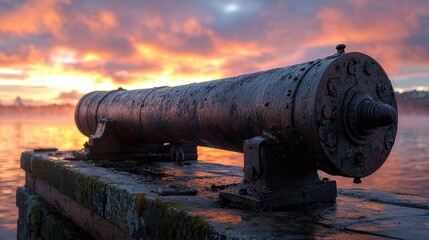 Worn cannon on a mossy base with a vibrant sunset over water in background