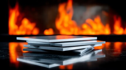 Fiery stack of metal plates: A stack of cool metal plates gleam against a backdrop of vibrant, roaring flames. The contrast of the elements creates a captivating visual display.