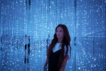 Portrait of a woman surrounded by shimmering blue LED lights in a futuristic atmosphere