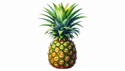Obraz premium Whole pineapple with textured yellow-green skin and spiky hexagonal segments, topped with pointed green leaves, isolated on white background, showcasing tropical fruit detail and freshness.