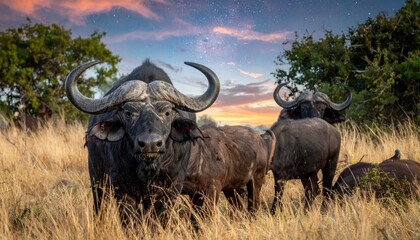 Obraz premium African Buffaloes Grazing in Savanna.