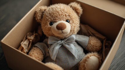 Soft teddy bear wearing a gray outfit with a bow tie, sitting in a cardboard box filled with crumpled paper, warm indoor lighting, cozy atmosphere.