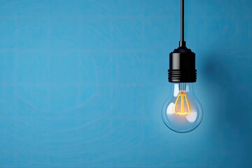 Single incandescent light bulb hangs from black cord against a vibrant blue background