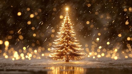 Golden Christmas tree with warm bokeh lights cozy holiday interior festive glittering ornaments soft defocused glow elegant winter background ideal for greeting cards web banners posters