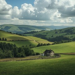 Picturesque rural landscape with a solitary house nestled in rolling green hills under a dramatic sky